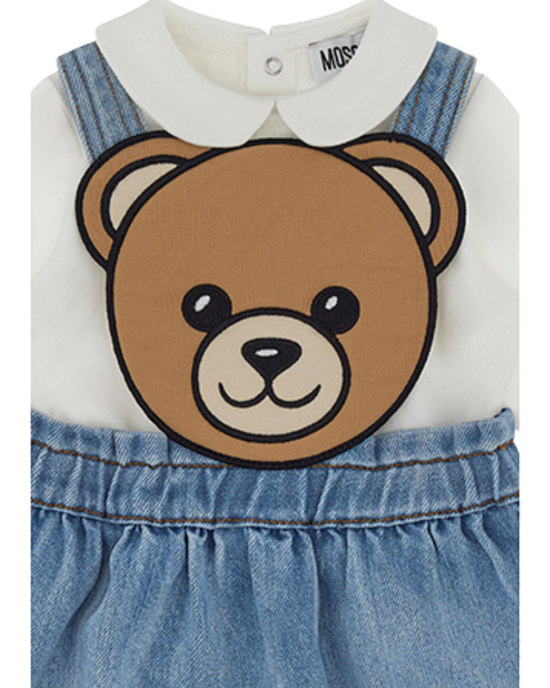 Salopette con body Moschino azzurro e bianco con maxi orsetto frontale MDK039 40059 Moschino 