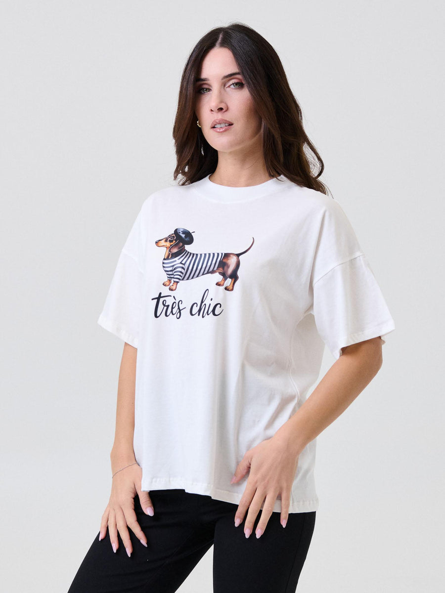 T-Shirt over Vicolo bianca con stampa cane "Très Chic" RF0412 UNI Vicolo 