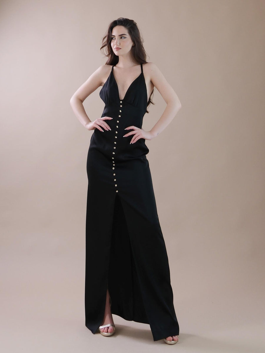 Abito lungo in raso nero con bottoni gioiello AB4039 BLACK Silence Limited 