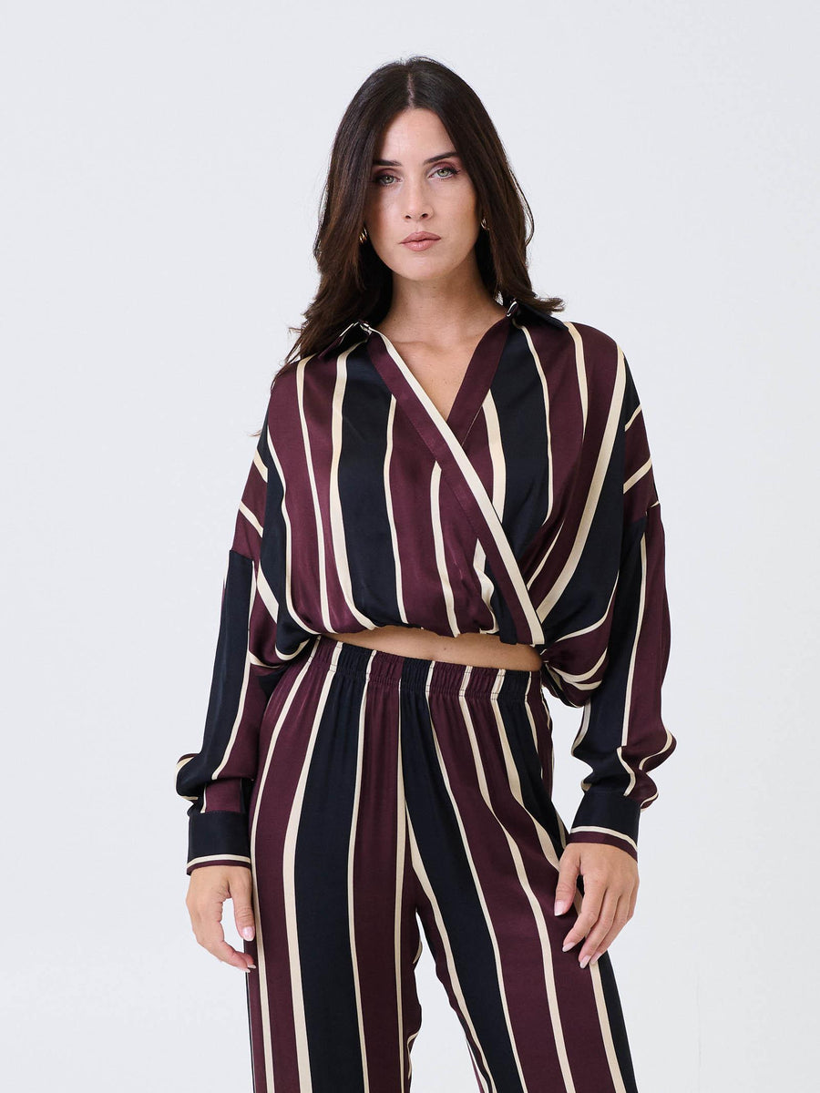 Camicia cropped Imperial prugna e nero a righe con collo a punta CNF1KFA BORGOGNA Imperial 