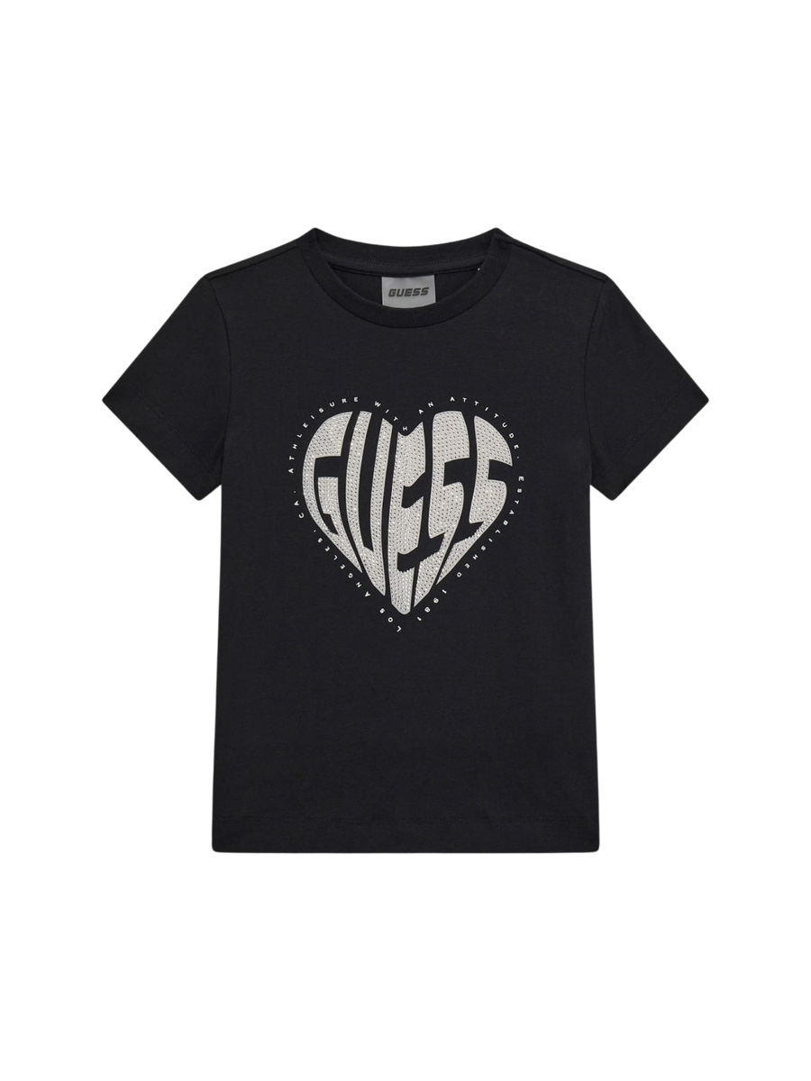 T-Shirt Guess nera con cuore glitterato J5RI46J1314 JBLK Guess 