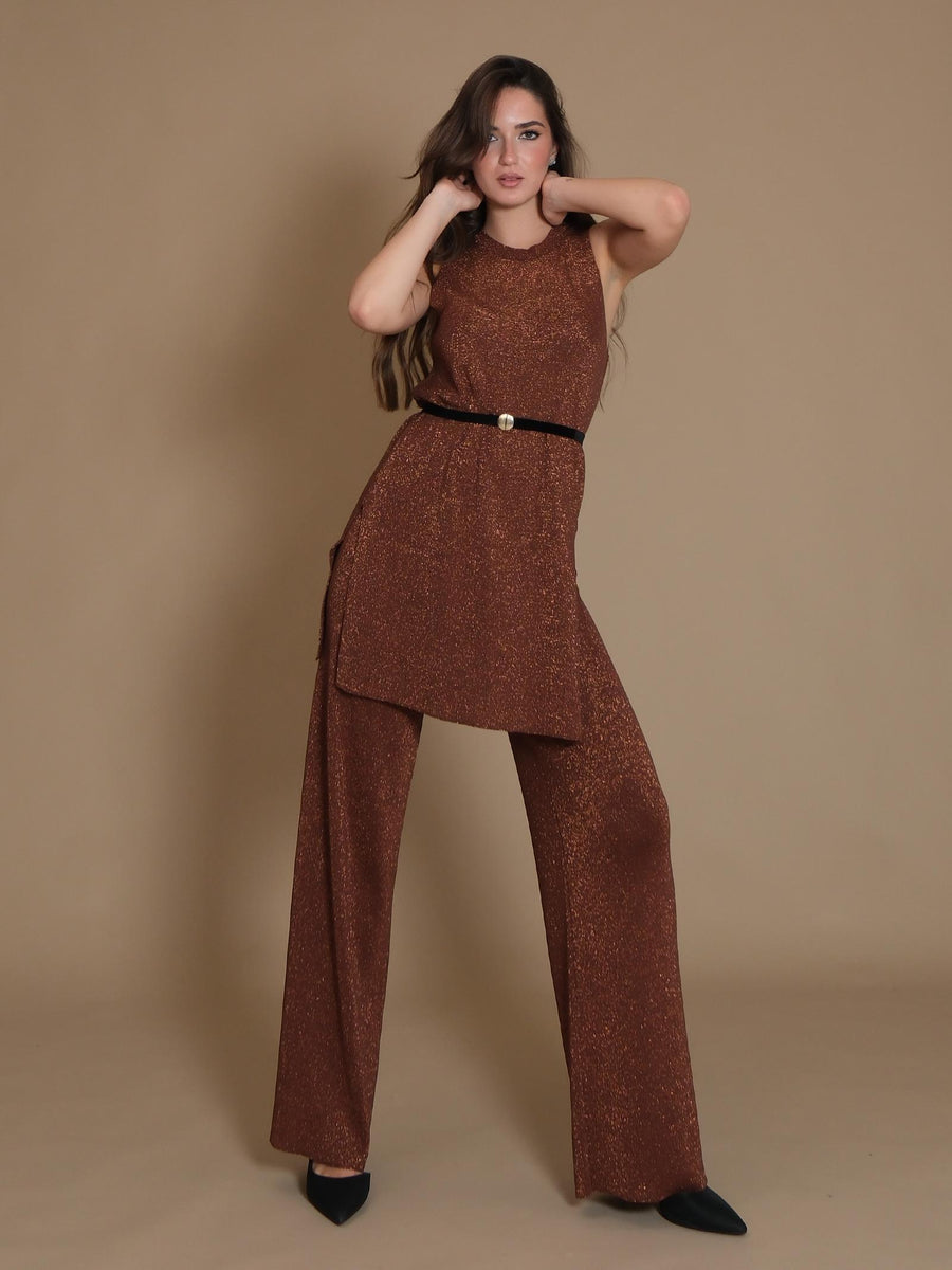 Maglia smanicata Vicolo arancione in lurex con cintura nera 22088S ARANCIO Vicolo 