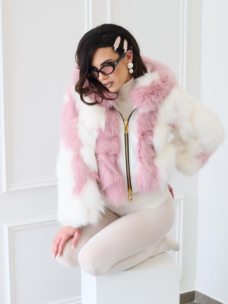 Pelliccia volpe Yes London rosa e bianca con dettagli in pelle LC2012 ROSA/BIA Yes london 