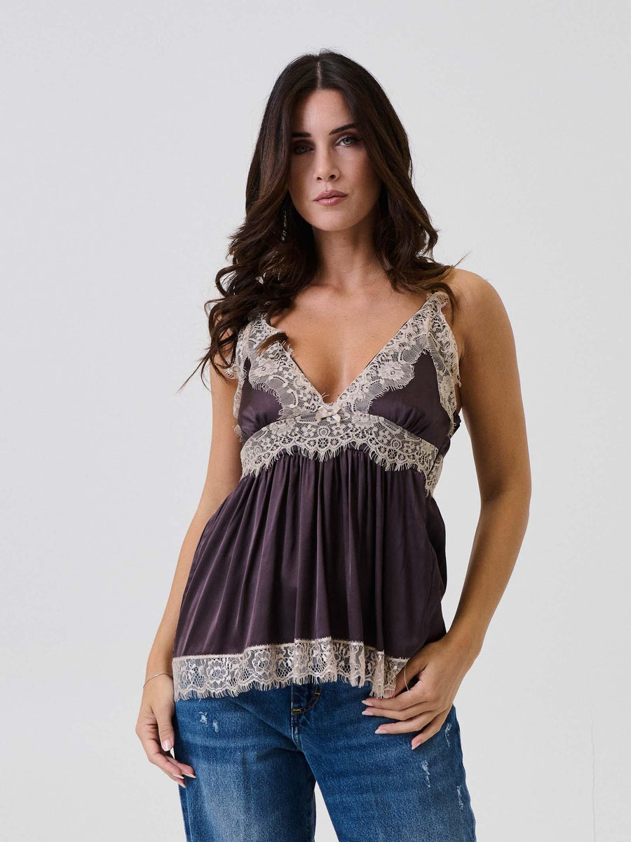 Top in raso Vicolo marrone con inserti in pizzo floreale TF1086 PRUGNA Vicolo 