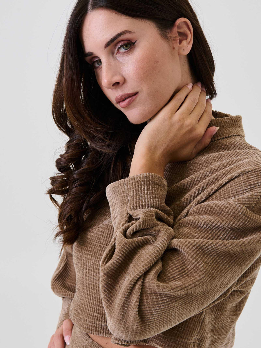 Maglia cropped Bohemian Vì  taupe in velluto BHMA001 TAUPE Bohemian V 