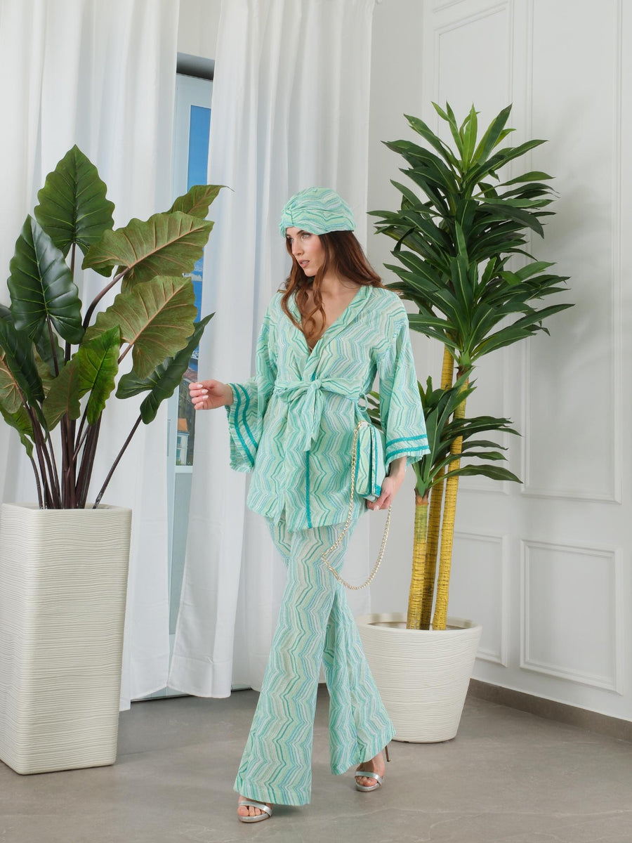 Turbante Pho Firenze verde acqua con motivi geometrici 9021007 FROZEN PHO FIRENZE 