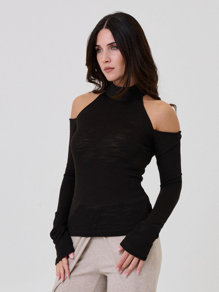 Maglia a collo alto Bohemian Vì marrone con taglio cut out sulle spalle SDBO6008 BROWN Bohemian V 