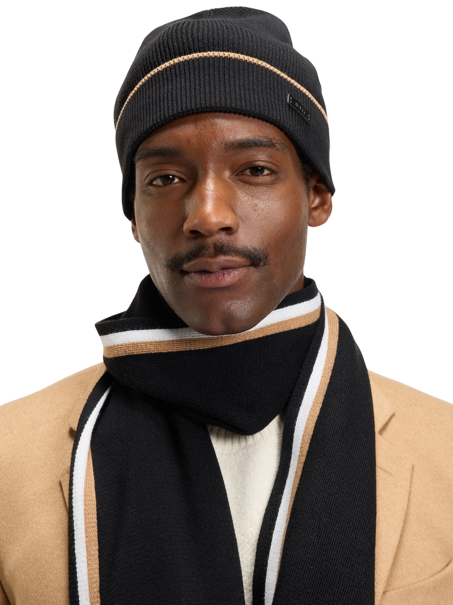 Set Cappello e Sciarpa Boss nero con inserti beige e bianchi 50551072 001 Boss 