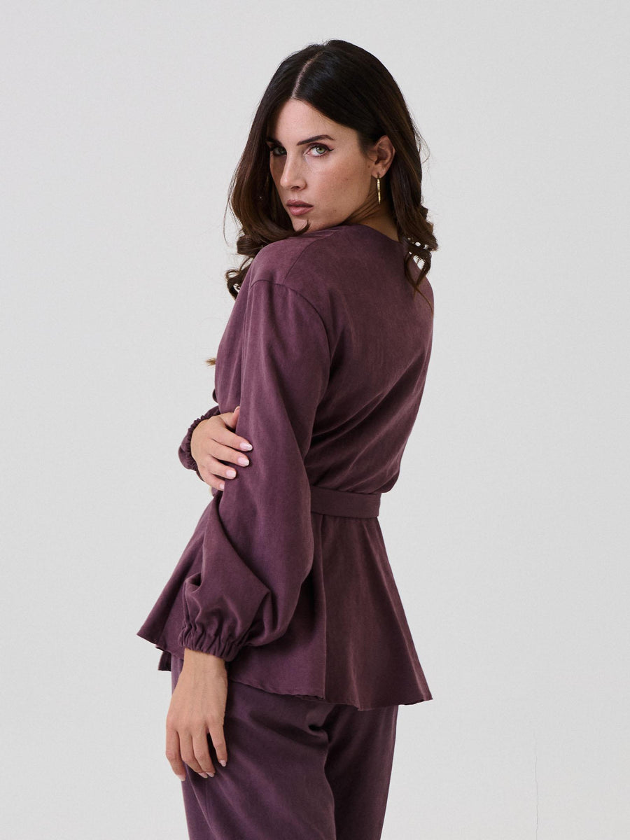 Blusa incrociata Bohemian Vì viola con bottone laterale e cintura GI287 WINE Bohemian V 