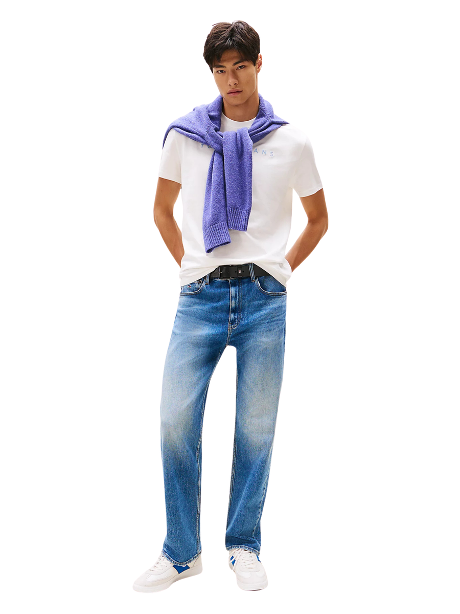 T-shirt Tommy Hilfiger bianca con logo lineare ricamato DM0DM20744 0K5 Tommy Hilfiger 