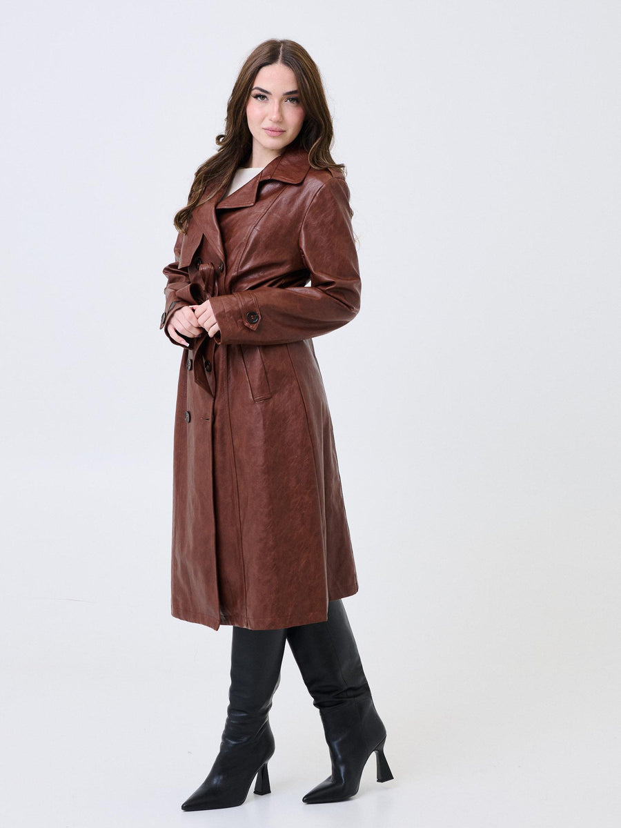 Trench lungo Armoire marrone in ecopelle con cintura in vita DL30143 UNI Armoire 