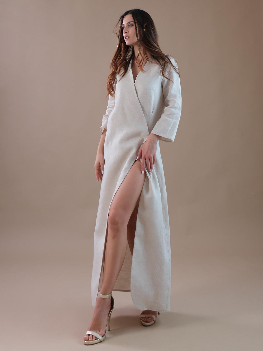 Abito lungo sabbia a portafoglio in lino AB119 SABBIA Bohemian V 