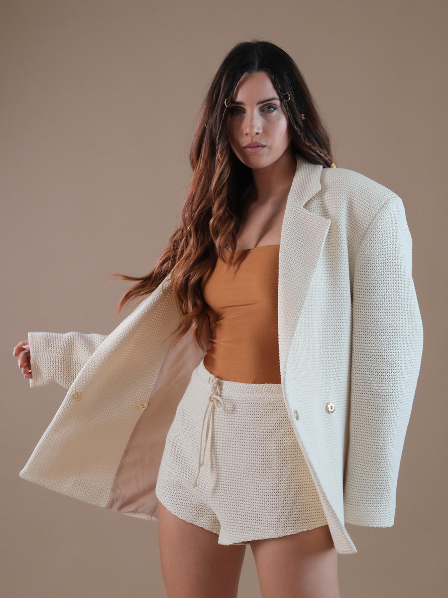 Giacca beige in tessuto lavorato a maglia forato GI62 PANNA Bohemian V 