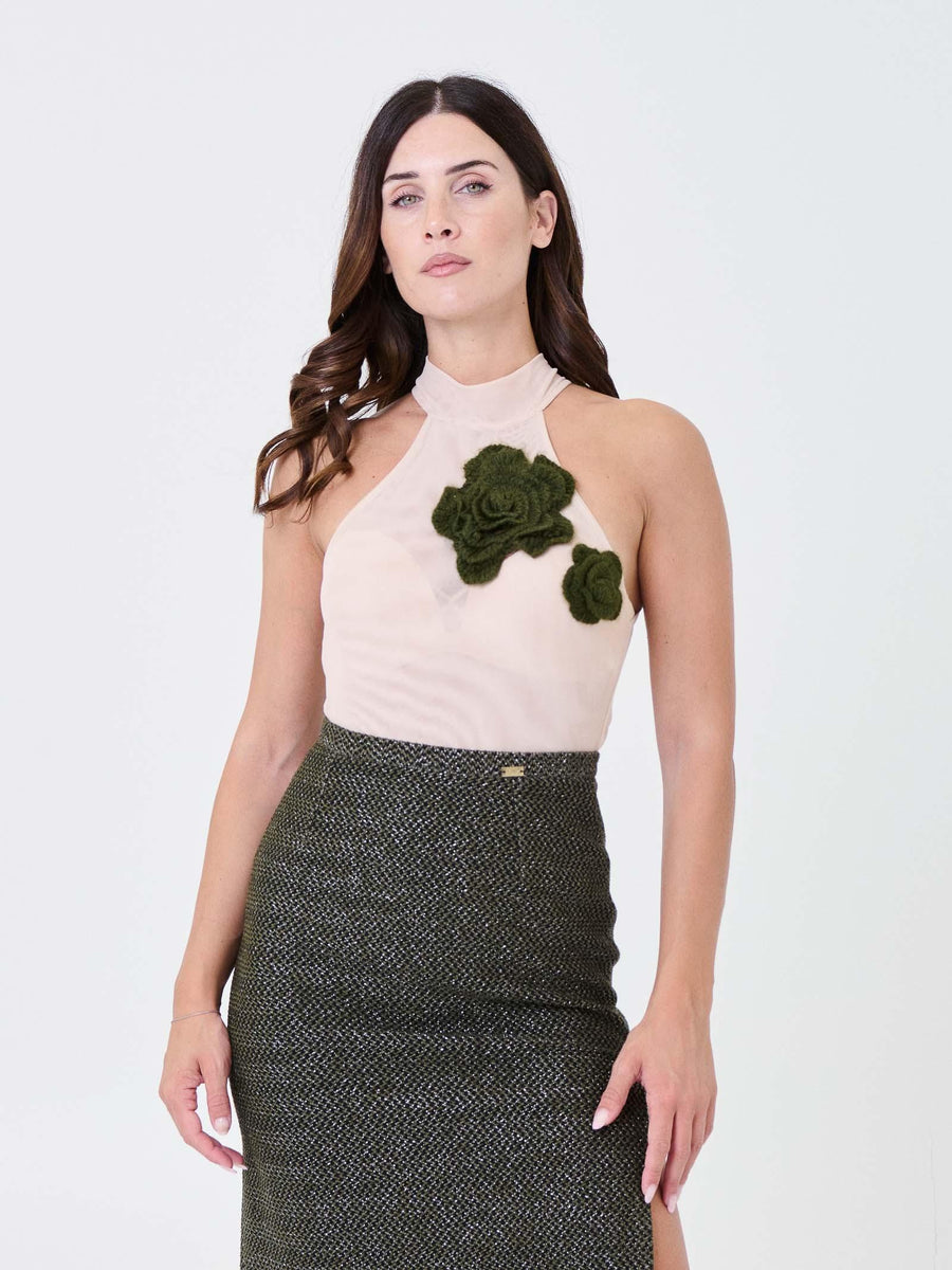 Body trasparente Pho Firenze nude con applicazioni fiori verde 4324115 NUDE/MILITARY PHO FIRENZE 