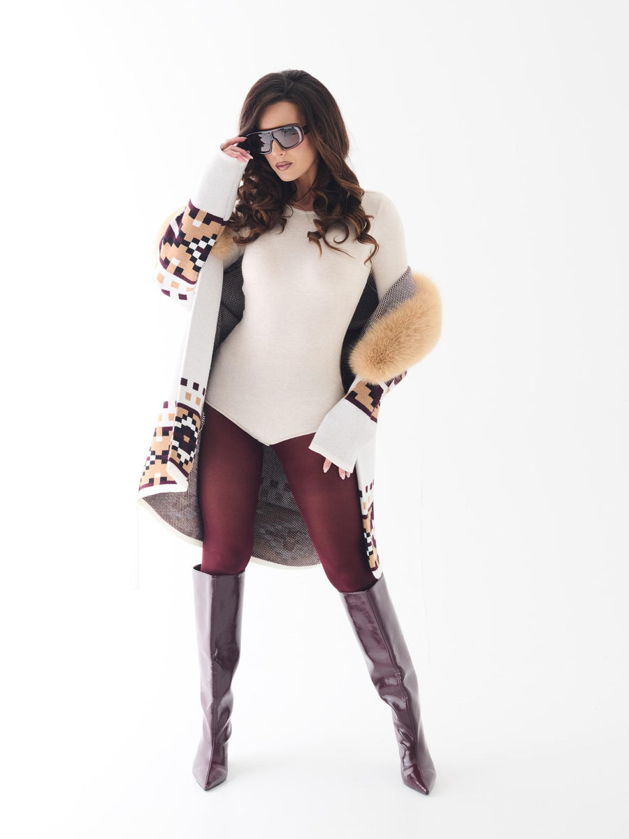 Cardigan Yes London bianco e cammello con collo in pelliccia volpe M15VO CAMEL Yes london 