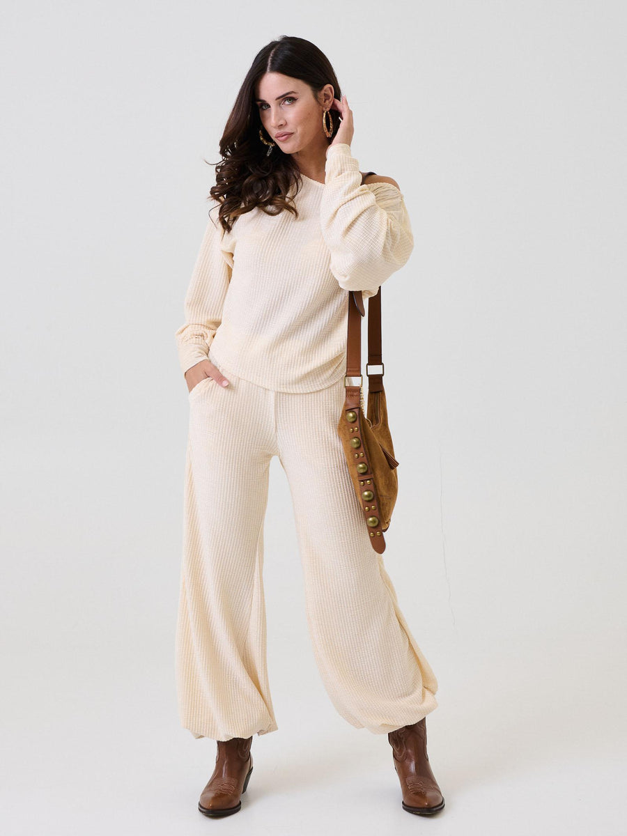 Pantalone effetto waffle Bohemian Vì bianco latte con fondo a palloncino BHPA009 MILK Bohemian V 