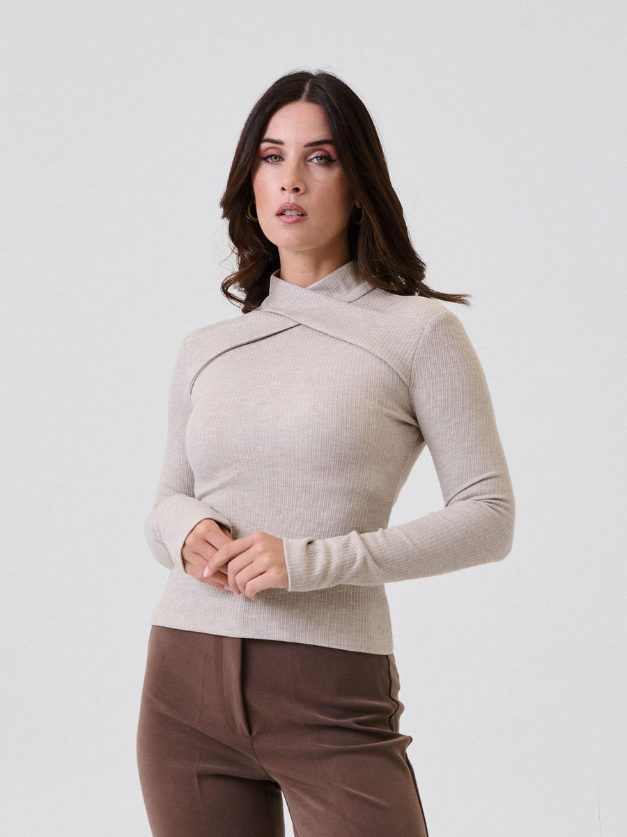 Maglia a costine Bohemian Vì beige con dettaglio incrocio SDBO6007 SAND Bohemian V 