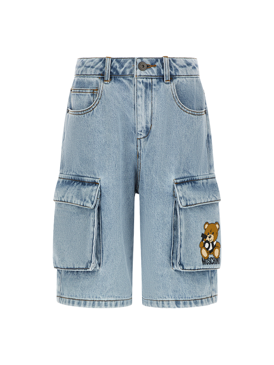 Bermuda Moschino azzurro in denim con tasche cargo e teddy toy HUQ023 40186 Moschino 