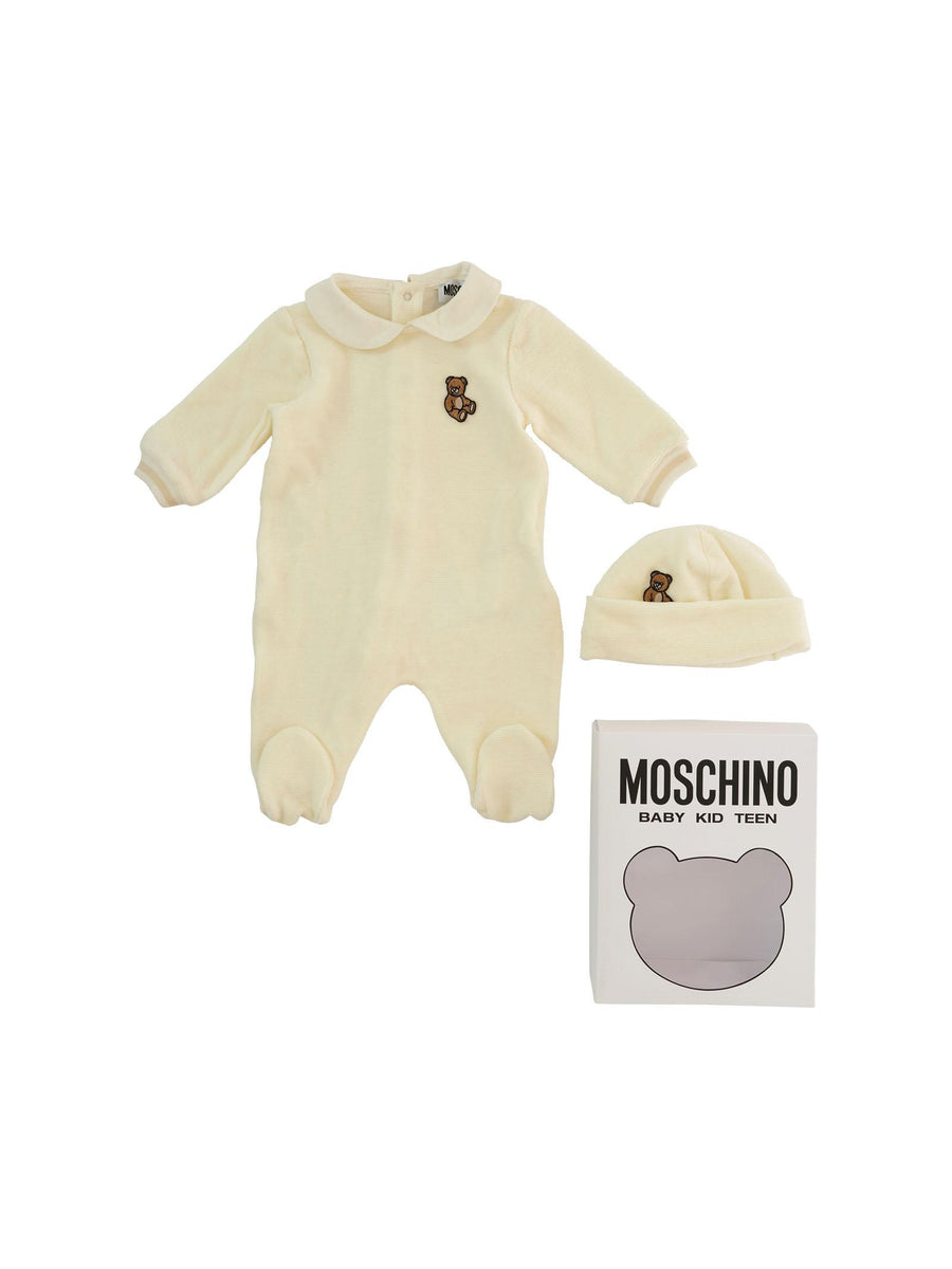 Tutina con cappellino Moschino bianca con patch orsetto MUY08H 10063 Moschino 