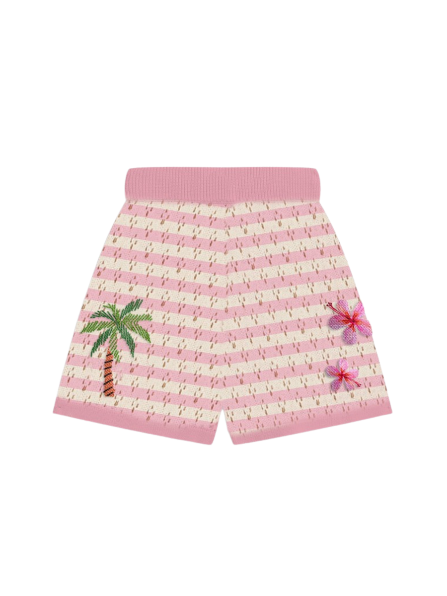Shorts Saint Barth rosa a righe traforato con ricami floreali e tropicali YVT0002 00381H MC2 SAINT BARTH 