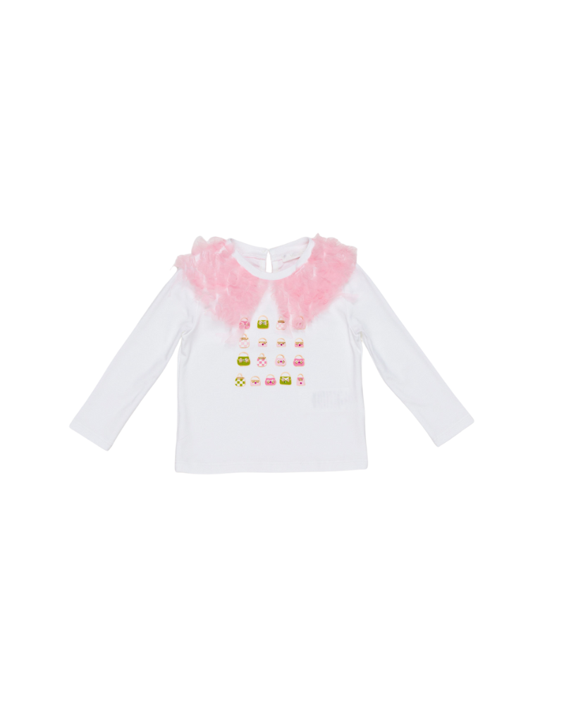 T-Shirt a maniche lunghe Miss Grant bianca con volant rosa MG1467 SETA Miss Grant 