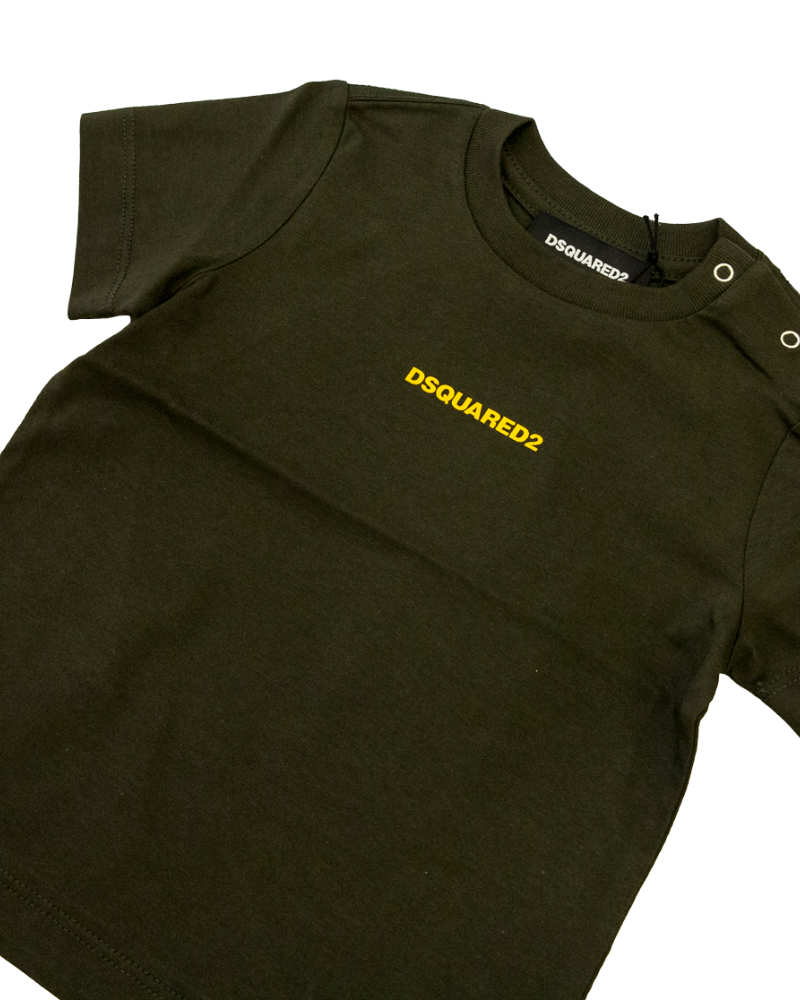 T-Shirt a mezze maniche Dsquared verde militare con logo giallo DQ2853 DQ518 Dsquared 