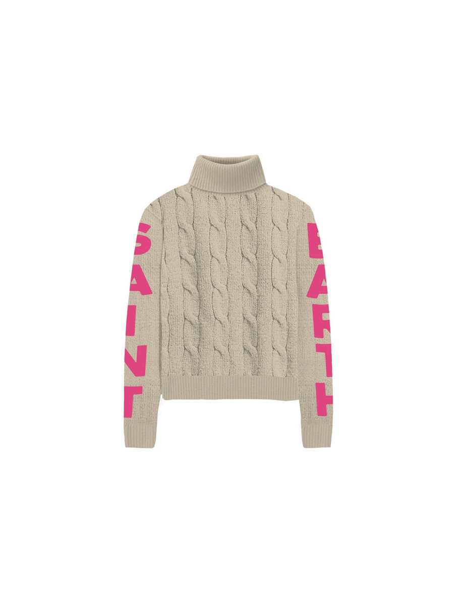 Maglione Saint Barth collo alto beige con logo sulle maniche fucsia ADL0002 02473G MC2 SAINT BARTH 