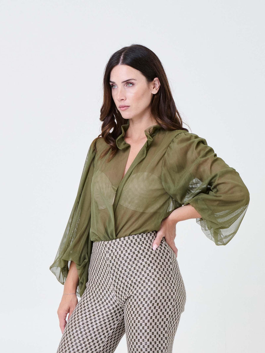 Body trasparente Pho Firenze verde oliva con maniche a sbuffo 4324071 OLIVA PHO FIRENZE 