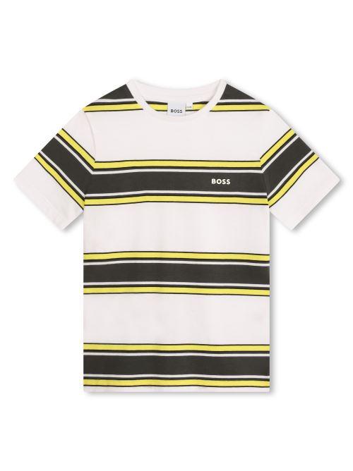 T-shirt bianca righe in contrasto giallo/nero J50721 N05 Boss 