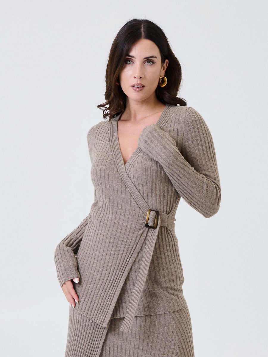 Cardigan Kontatto tortora con cintura ad anello effetto legno 3M0954C TORTORA kontatto 