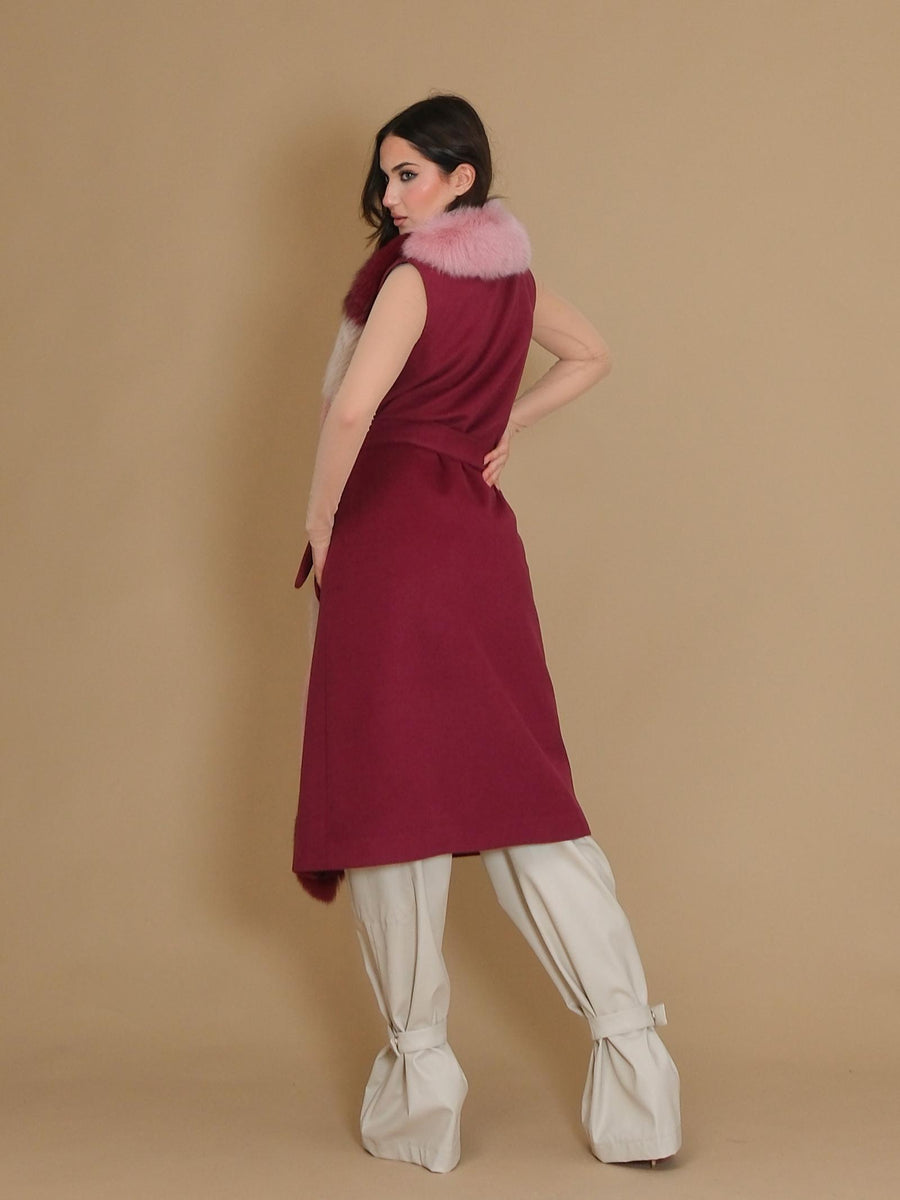 Cappotto lungo smanicato Yes London bordeaux con pelliccia multicolor CD1188VO BDX Yes london 