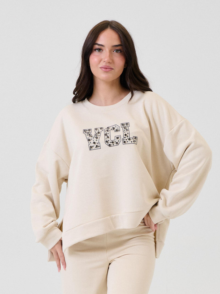 Felpa Vicolo panna con dettaglio "VCL" con strass RF0082 PANNA Vicolo 