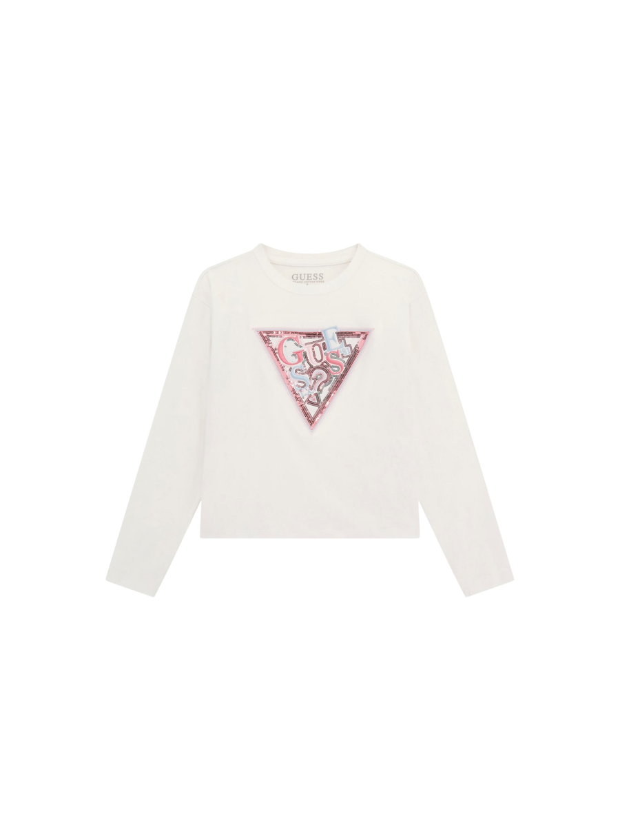 T-Shirt a maniche lunghe Guess bianca con logo triangolo glitter rosa J5YI15K6YW4 G011 Guess 