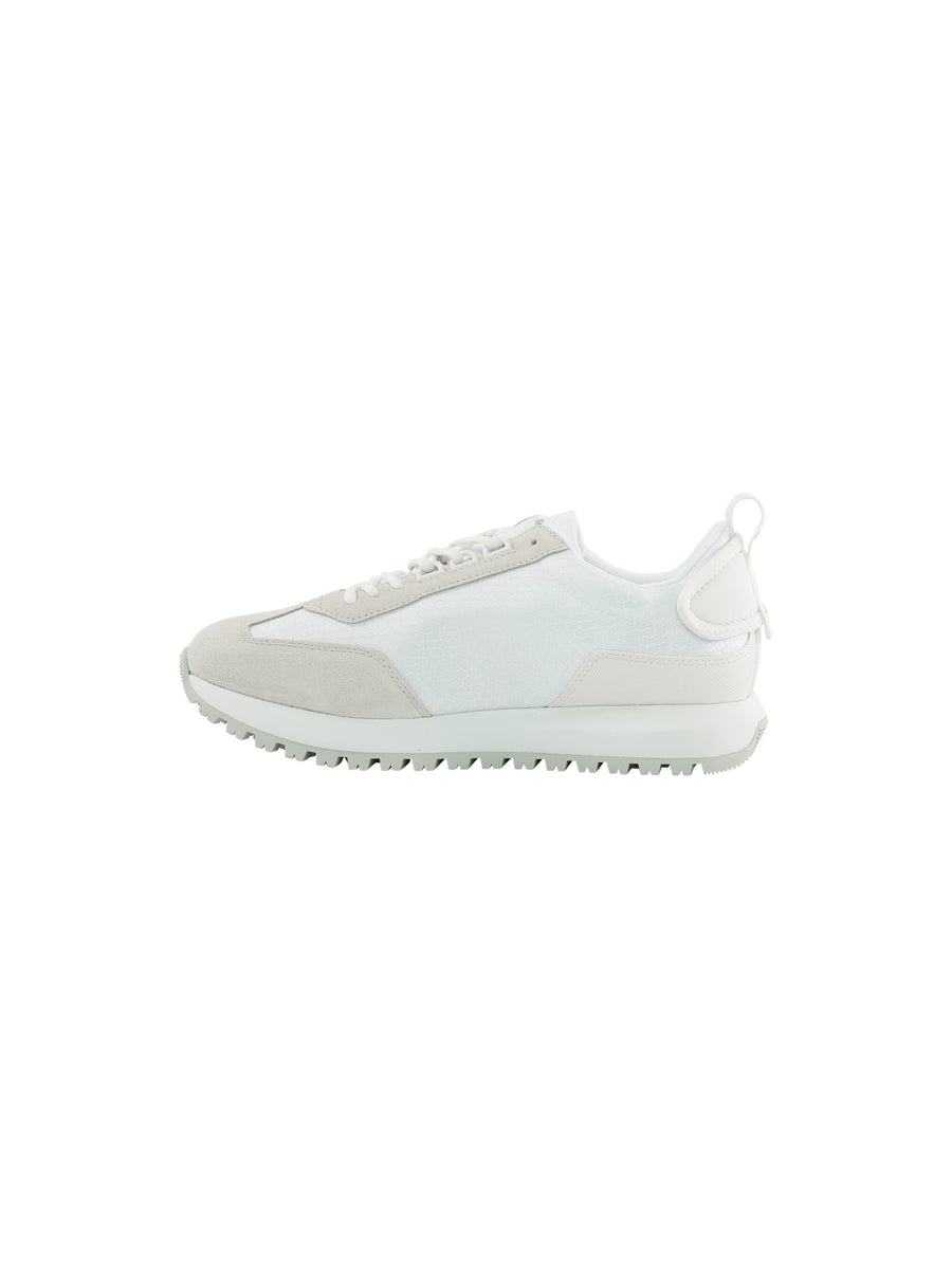 Sneakers bianca in poliestere riciclato e camoscio beige