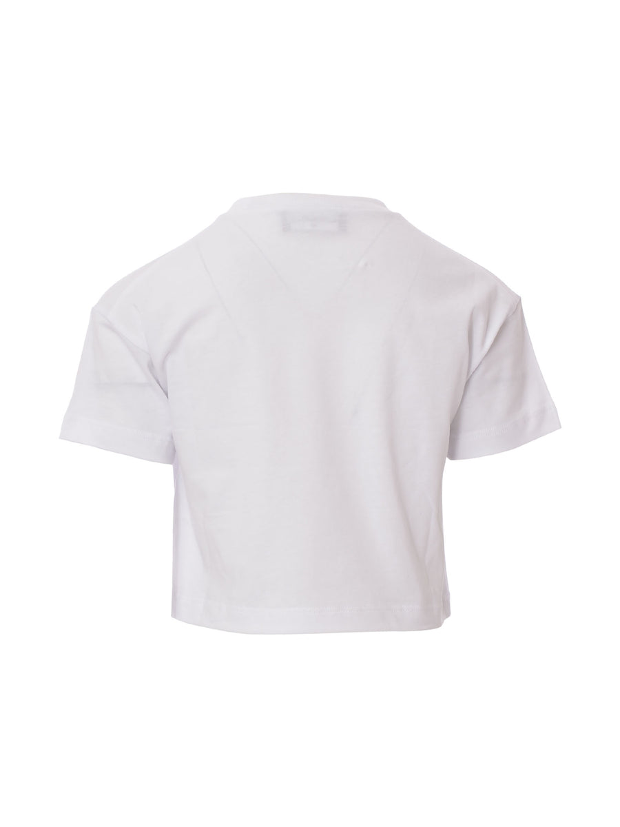 T-shirt crop bianca con stampa corsiva