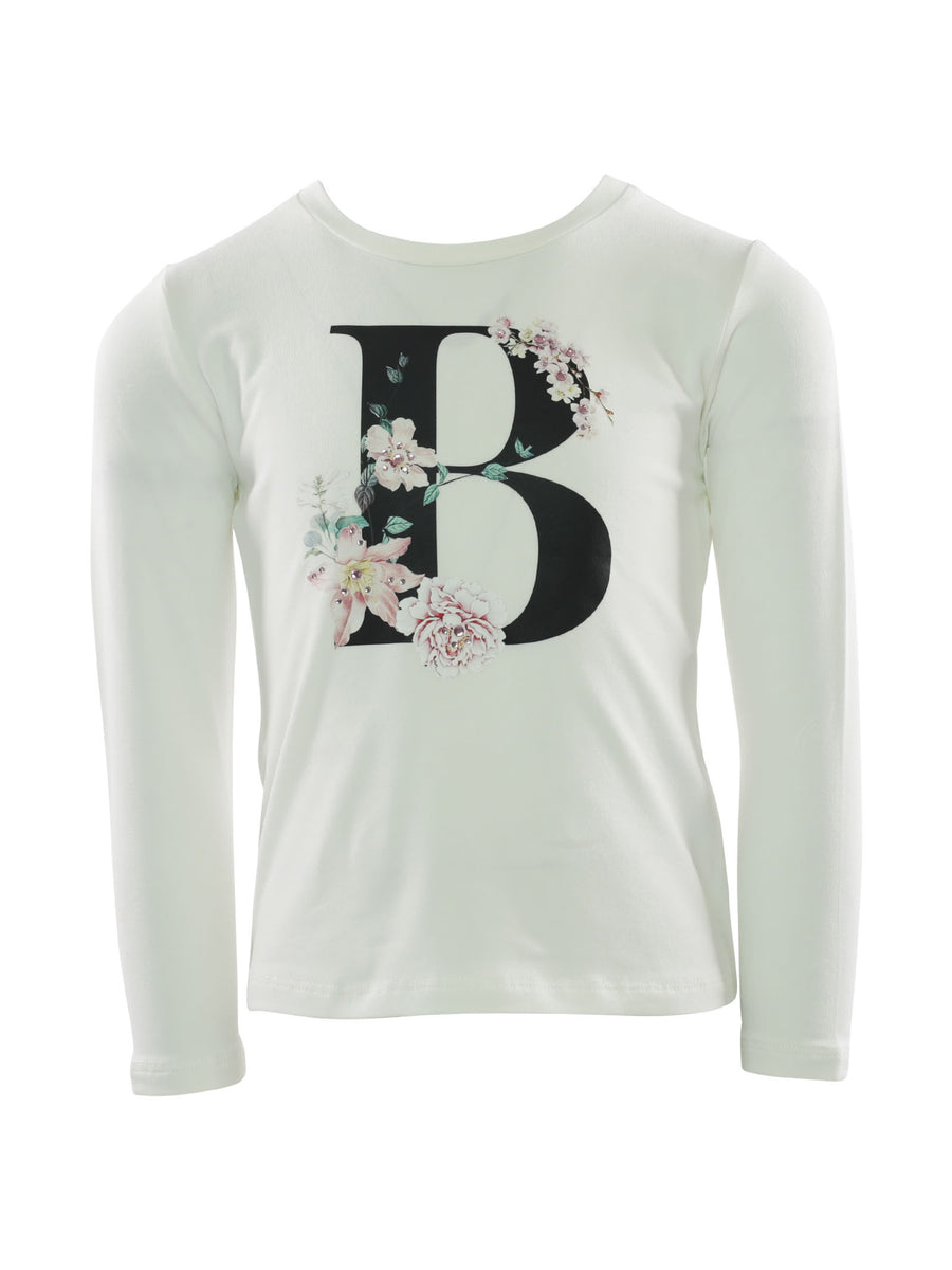T-shirt bianca con B e stampa floreale