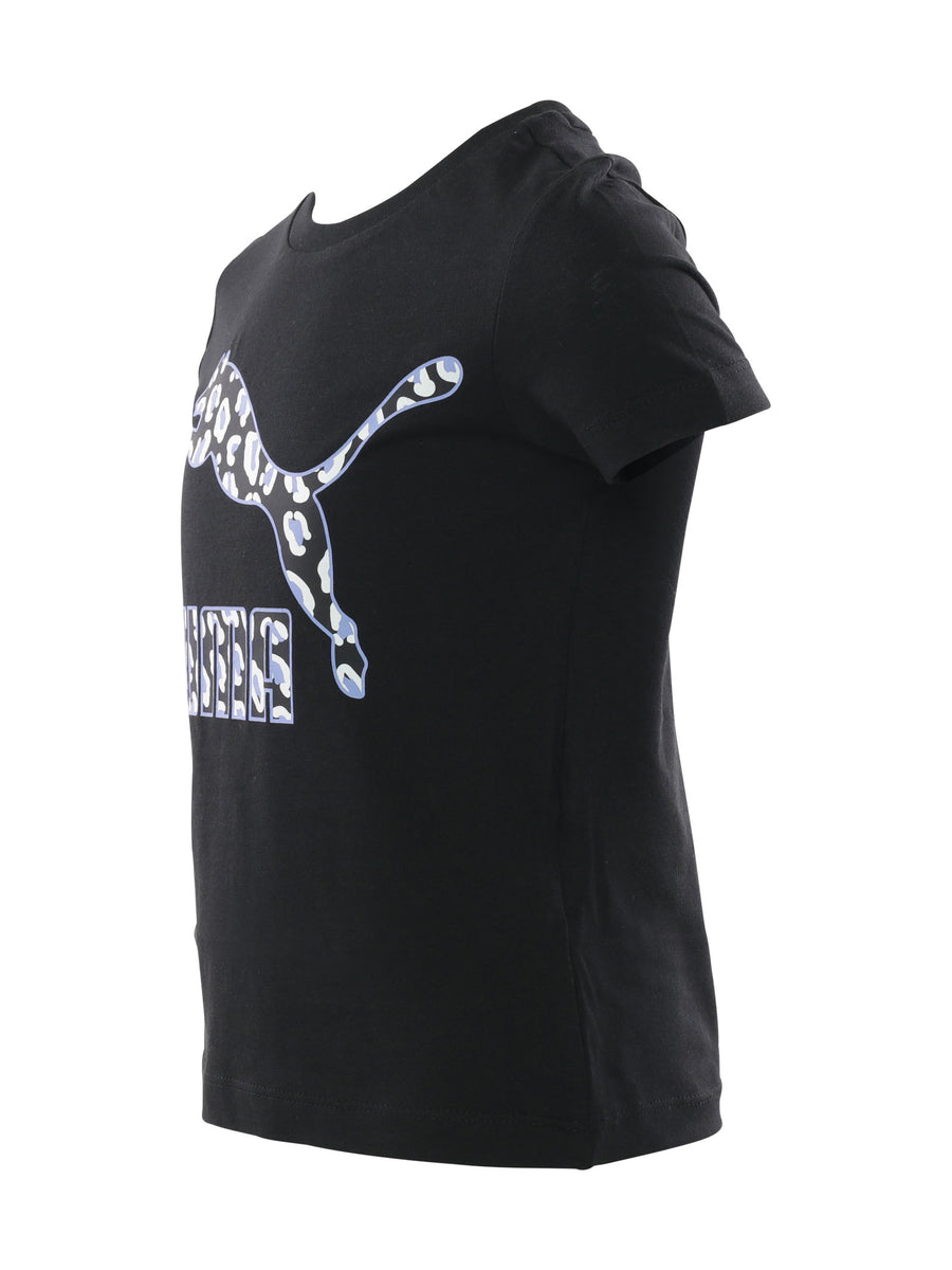 T-shirt nera con logo leopardato