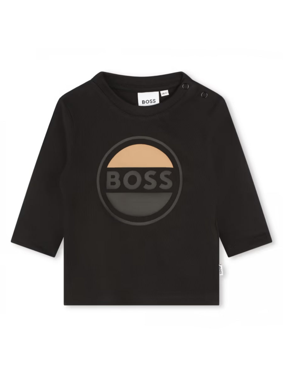 T-shirt nera a manica lunga con logo stilizzato frontale