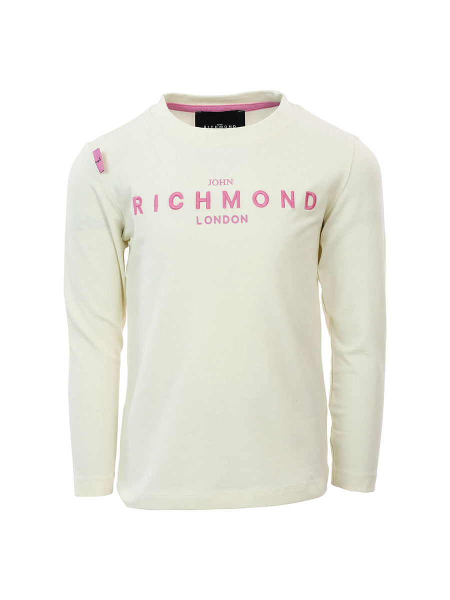 T-shirt manica lunga panna con scritta logo rosa