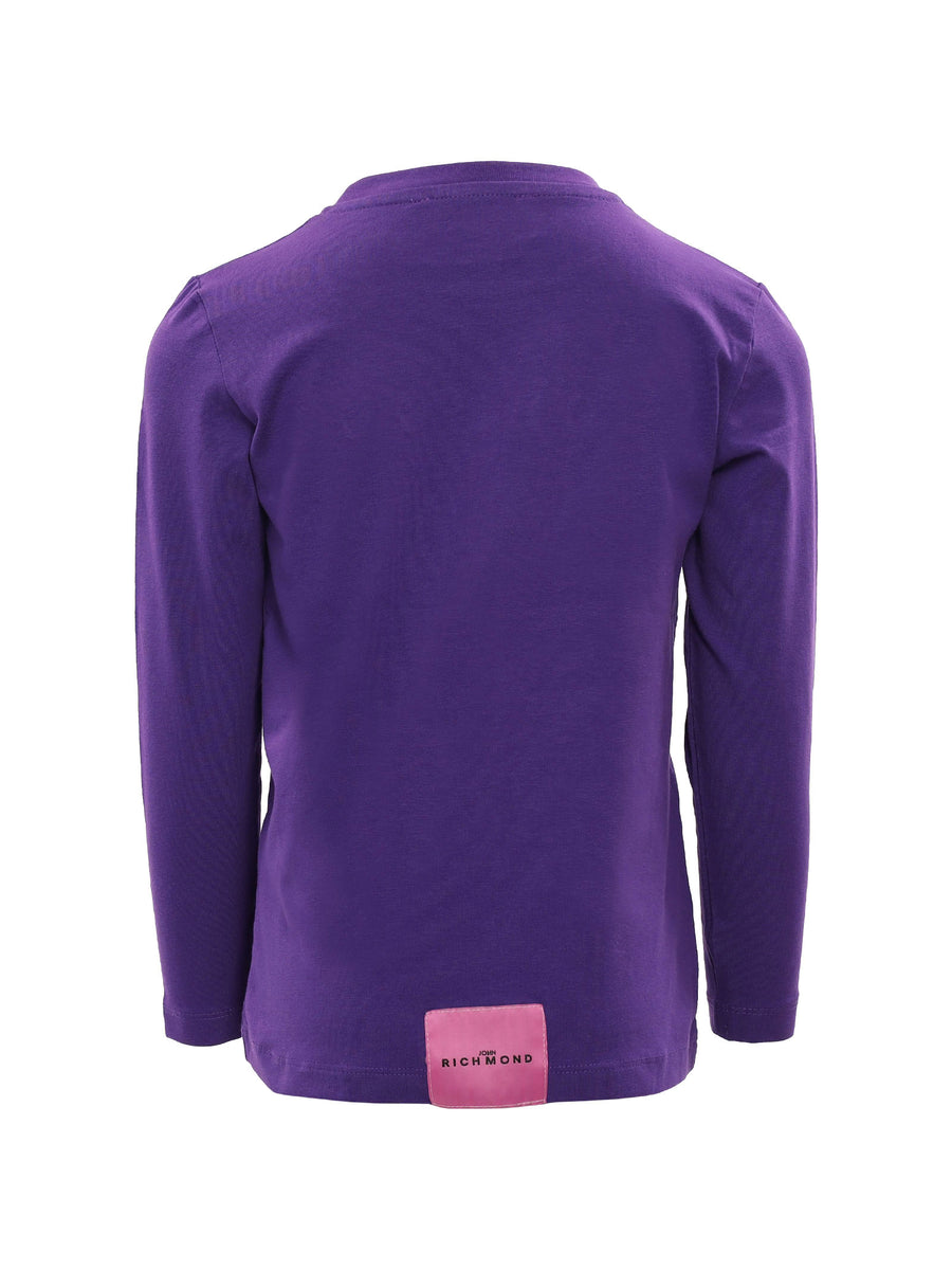 T-shirt manica lunga viola con scritta logo rosa