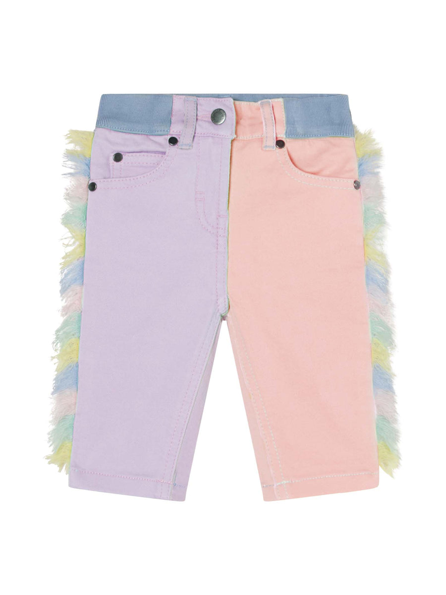 Pantalone denim lilla e rosa con frange