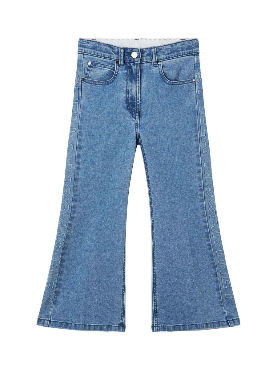 Jeans denim flare con logo laterale