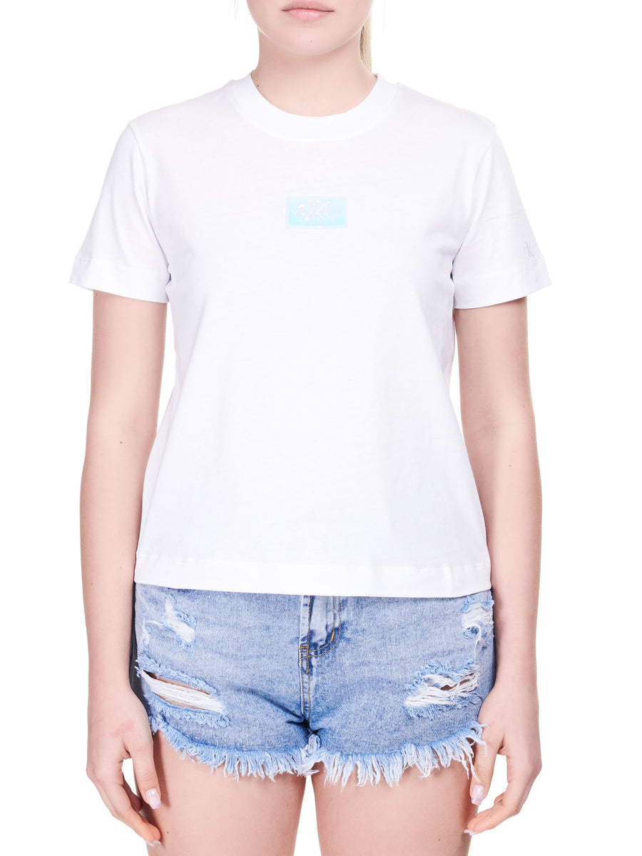 T-shirt bianca con logo cangiante