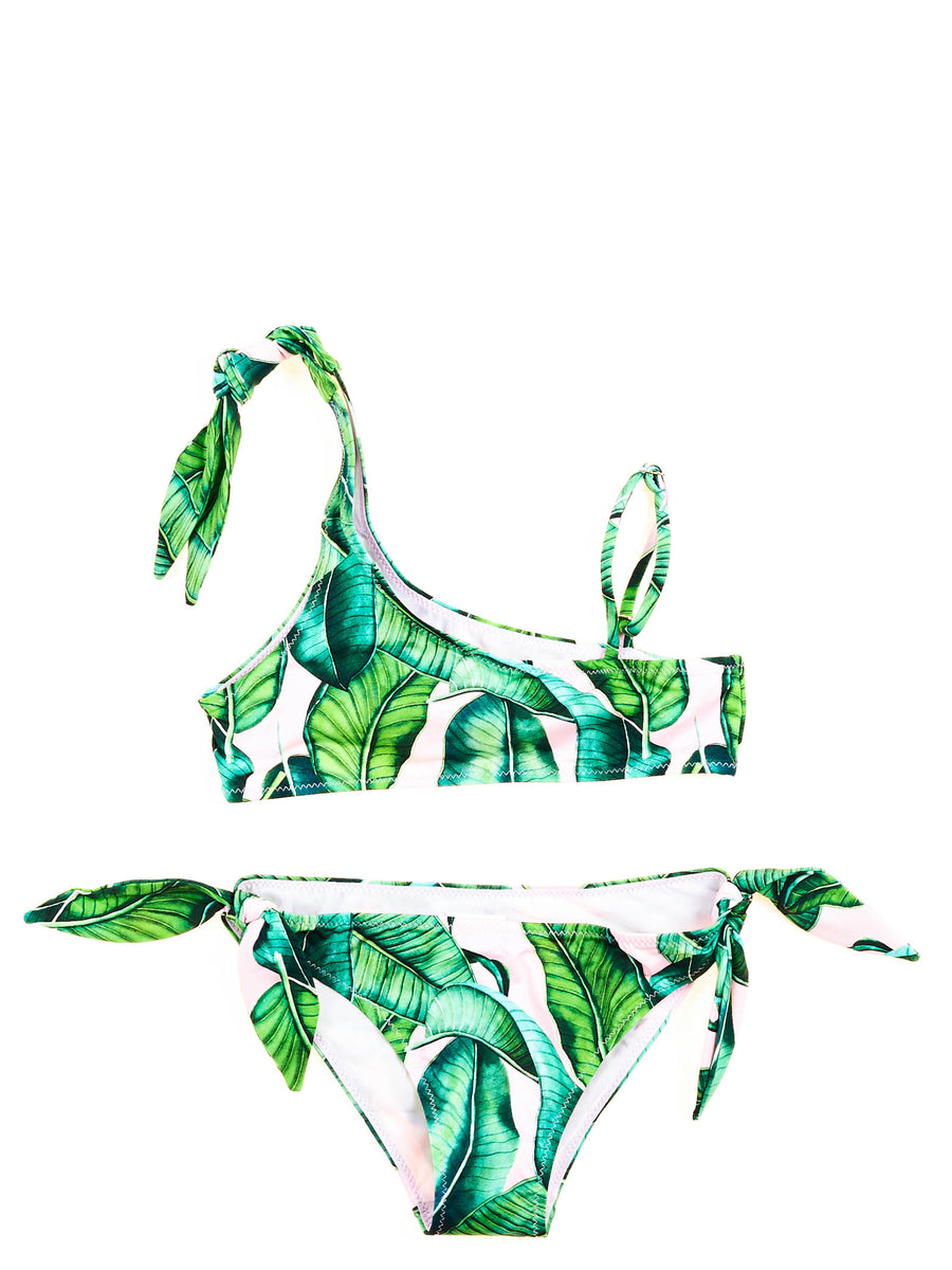 Bikini monospalla con stampa tropicale