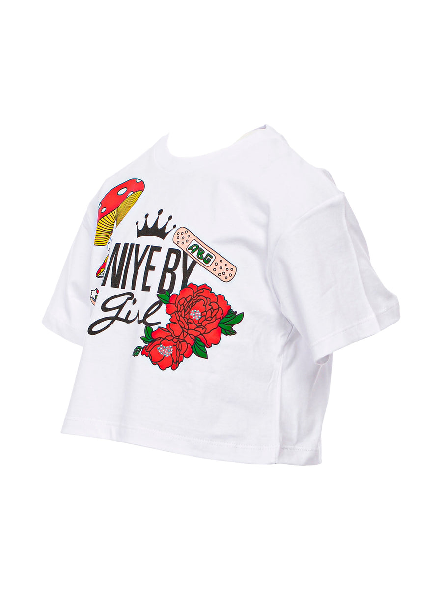 T-shirt bianca stampa floreale rock