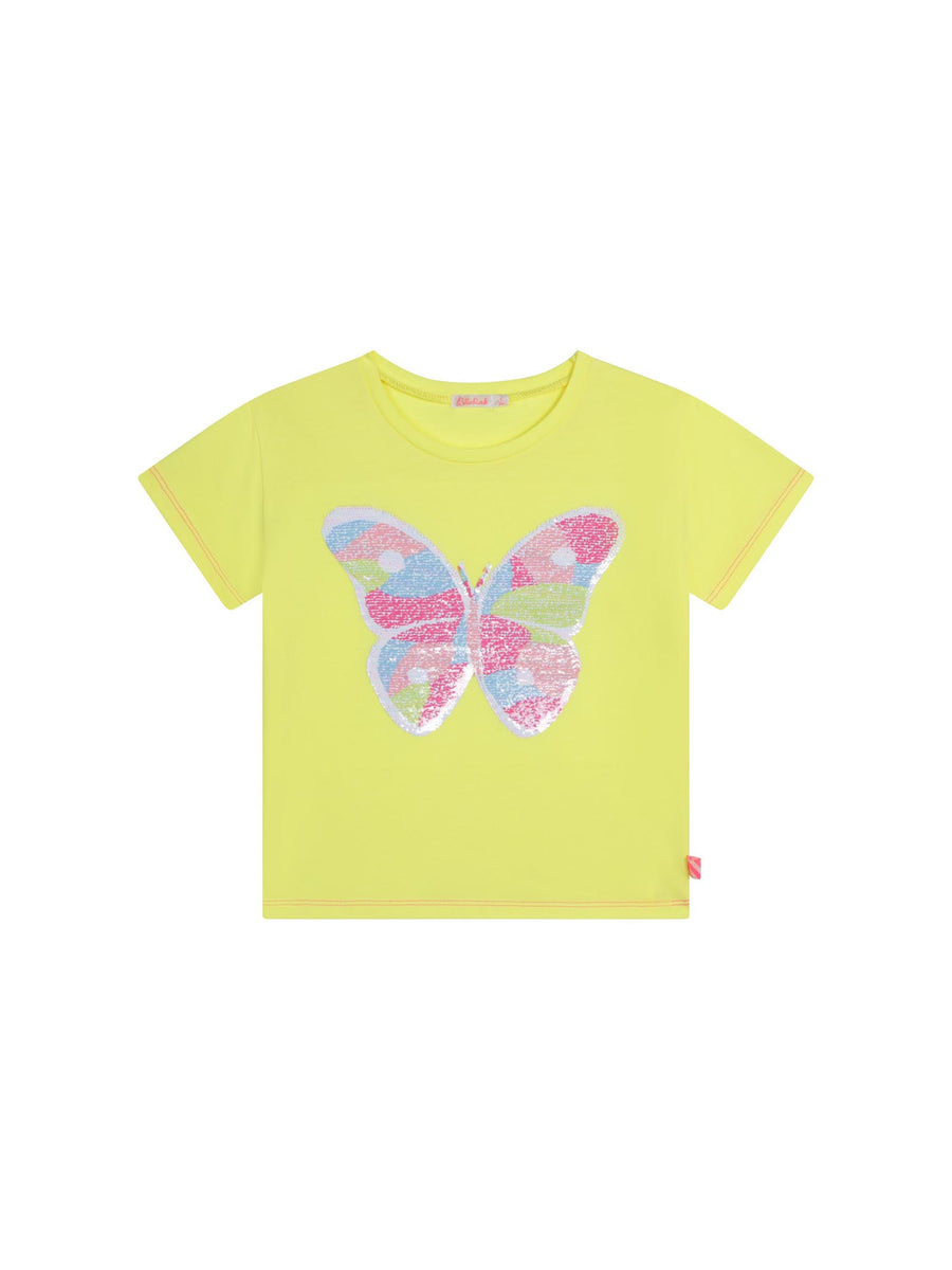 T-shirt gialla paillettes farfalla