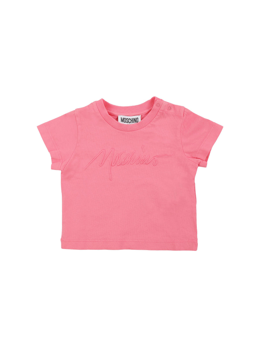T-shirt rosa fluo con scritta corsiva