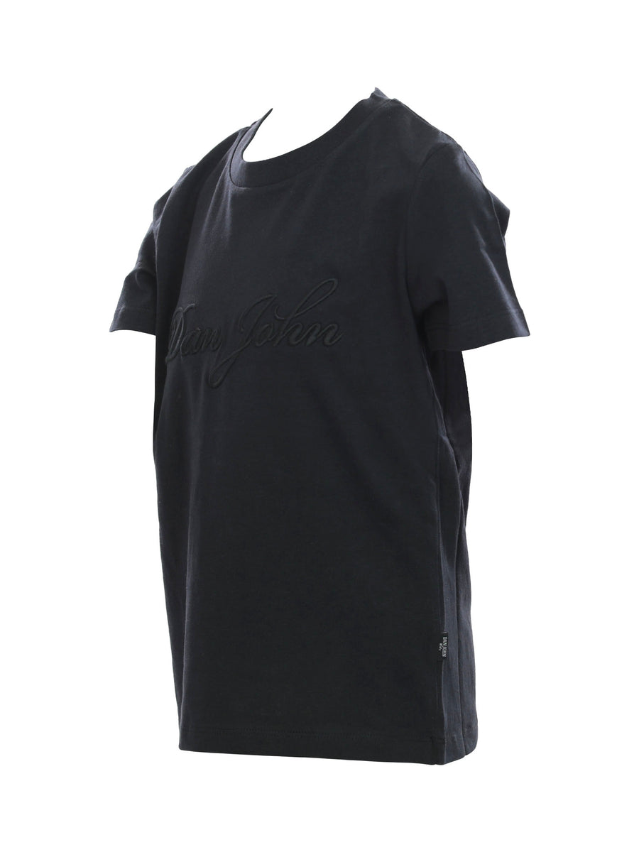 T-shirt nera con logo corsivo ricamato tono su tono