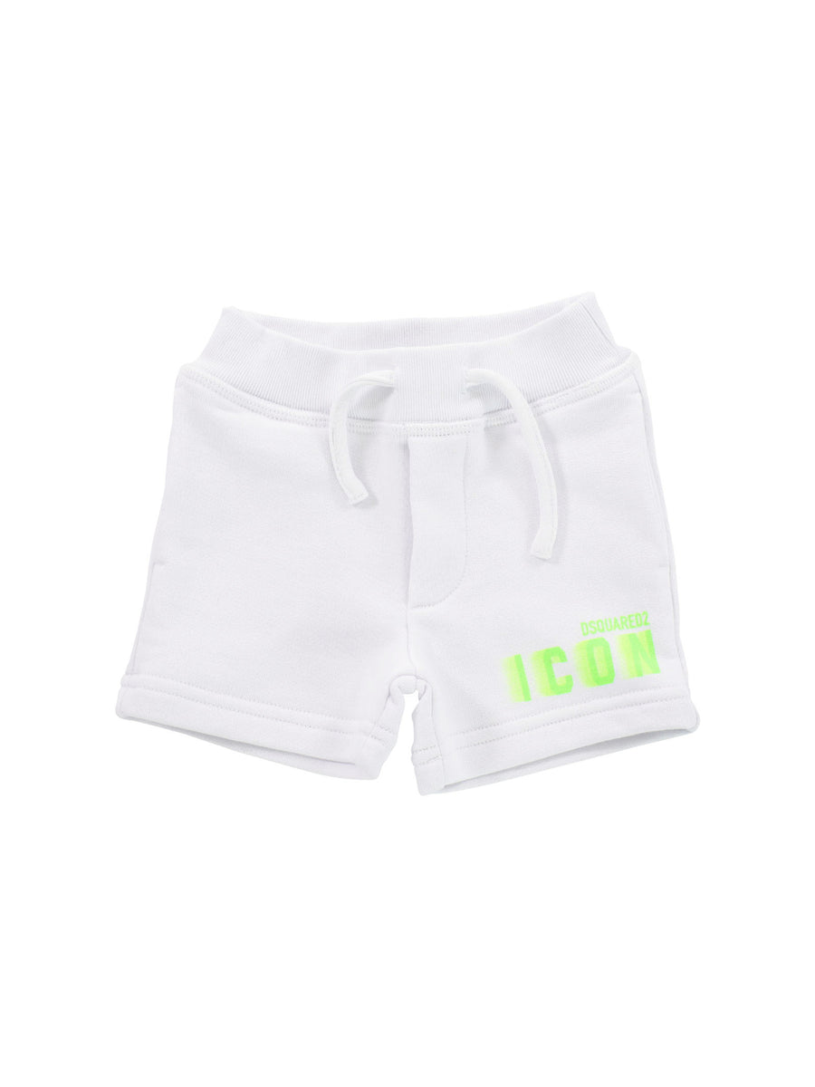 Shorts in cotone bianchi con logo sfumato verde fluo
