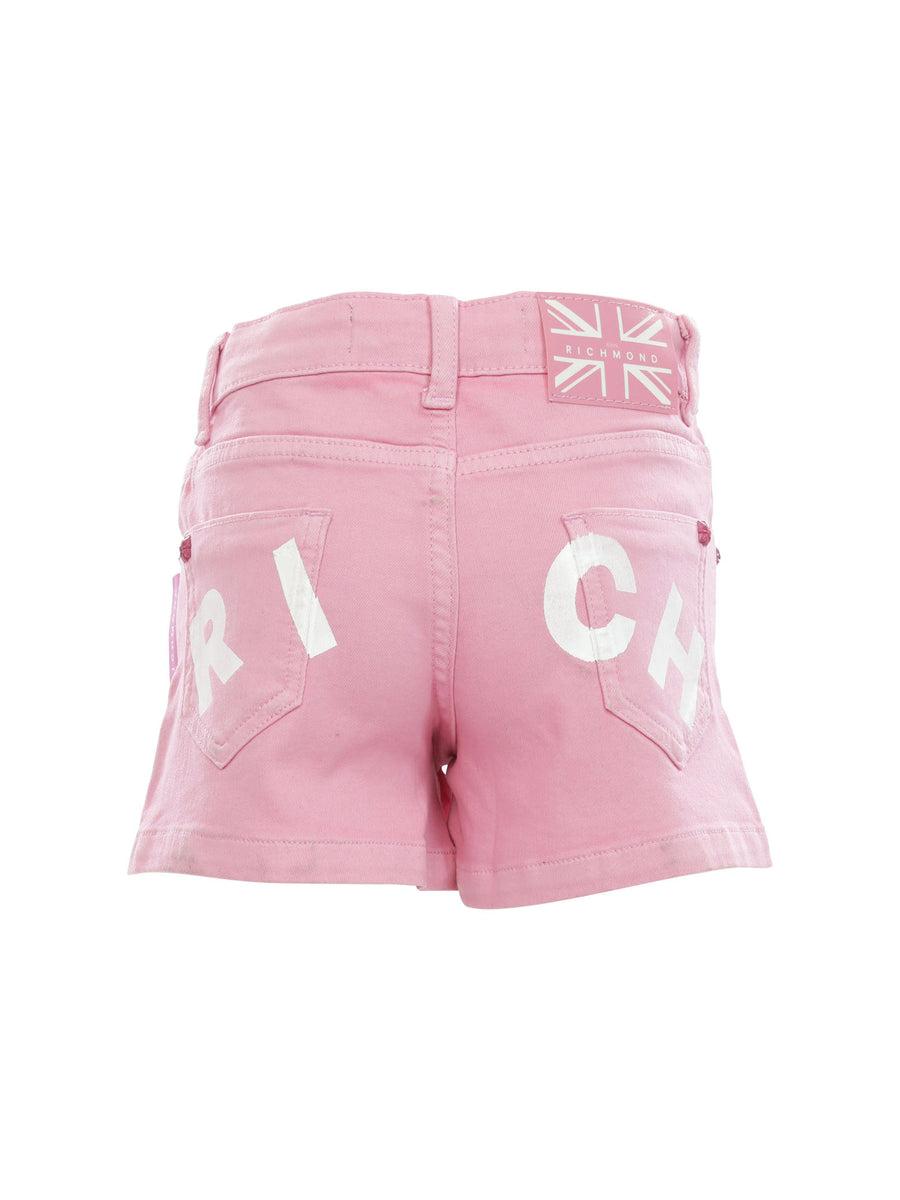 Shorts in denim rosa con stampa logo bianca